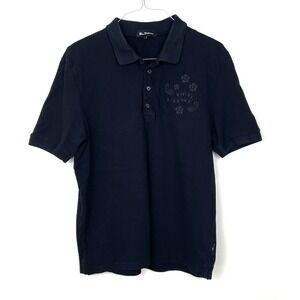 Ben Sherman Polo Shirt Mens Large Navy Blue Vinyl Forever Paisley Embroidery